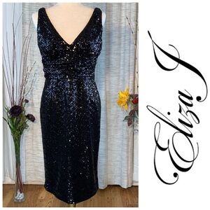 Eliza J black sleeveless sequined sheath party dress.